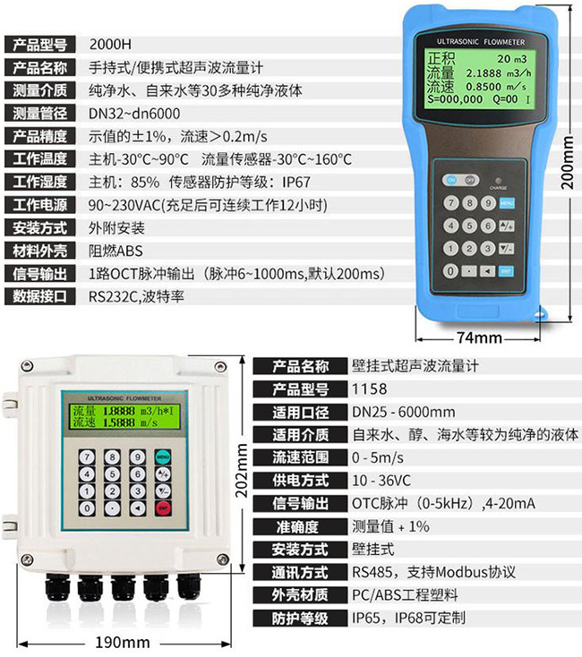 智能超聲波流量計技術參數對照表